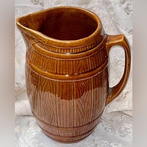 Antique 10" McCoy Style Brown Stoneware Barrel Pitcher -4.8lb Heavy Cider Jug